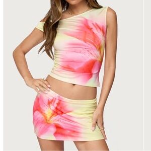 Edikted Tiger Flower Off Shoulder Top and Mini Skort